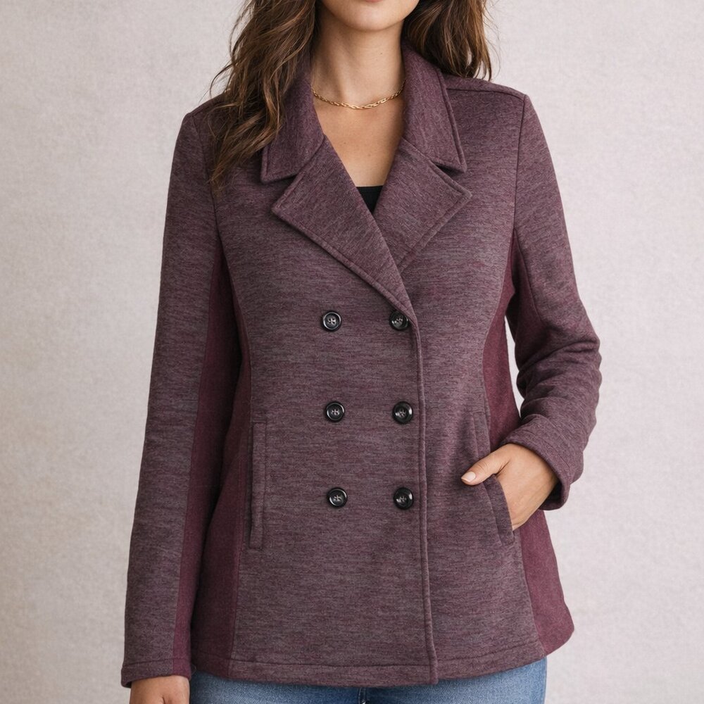 Market & Spruce XL Stitch Fix Gray Maroon Fleece Lined Double Breasted Pea‎ Coat